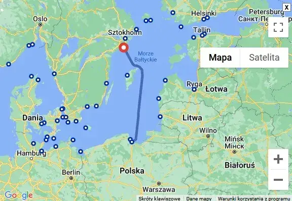 Mapa połączeń promowych z Polski do Szwecji