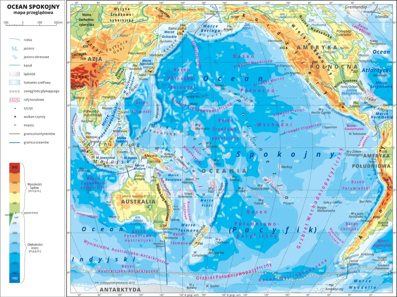 Mapa przeglądowa Oceanu Spokojnego. Czy wiesz, jakie jest największe morze na świecie? To właśnie ten ocean, rozciągający się od Azji po Amerykę.