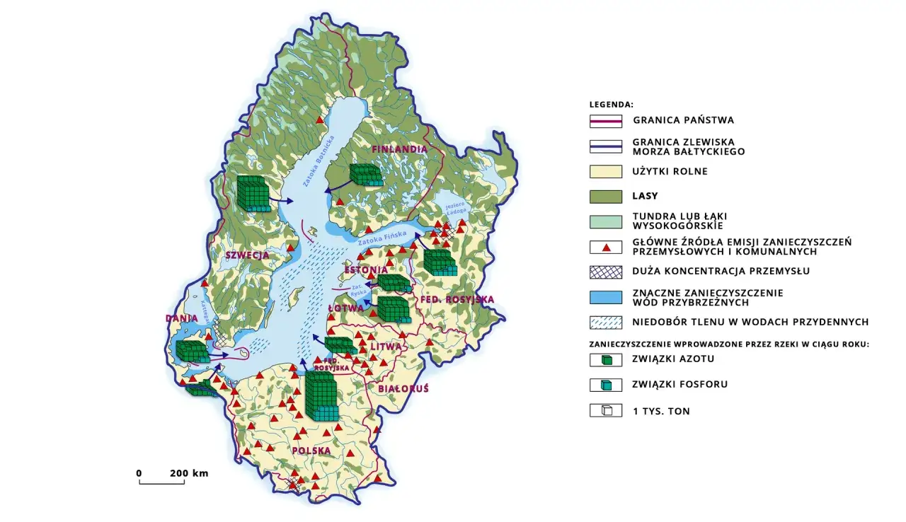 Mapa ukazuje zlewiska rzek wpływających do Bałtyku, wyjaśniając, dlaczego morze bałtyckie jest słabo zasolone. Wiele rzek, lasy i użytki rolne.