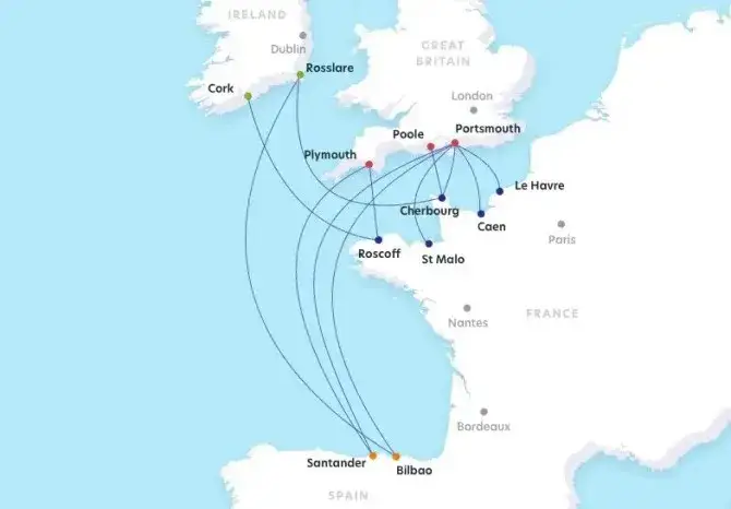 Mapa połączeń promowych Francja Anglia
