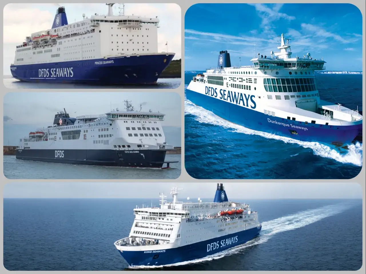 Promy DFDS Seaways, takie jak Princess Seaways, Côte des Dunes i King Seaways, pływają między Dunkierką a Dover.