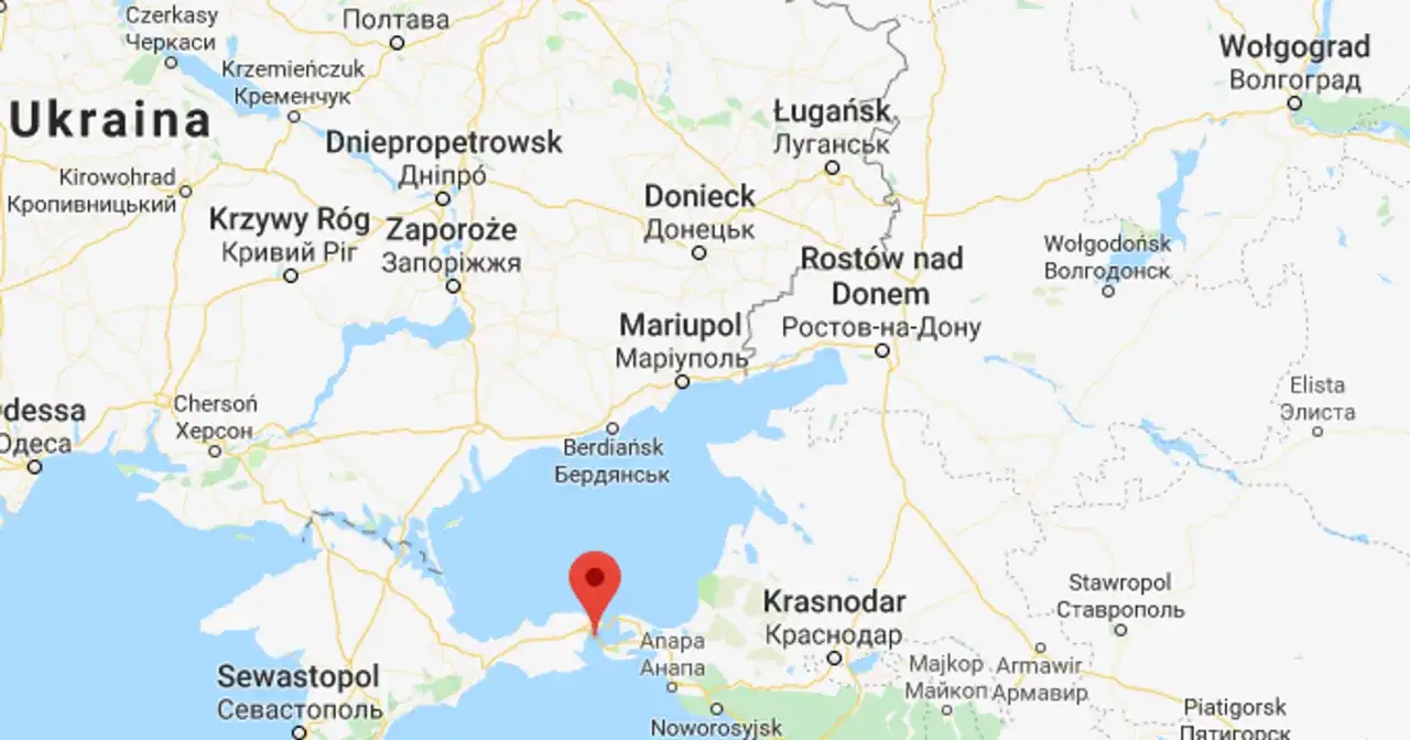 Mapa pokazuje port na Krymie, z zaznaczoną lokalizacją w okolicach Anapy.