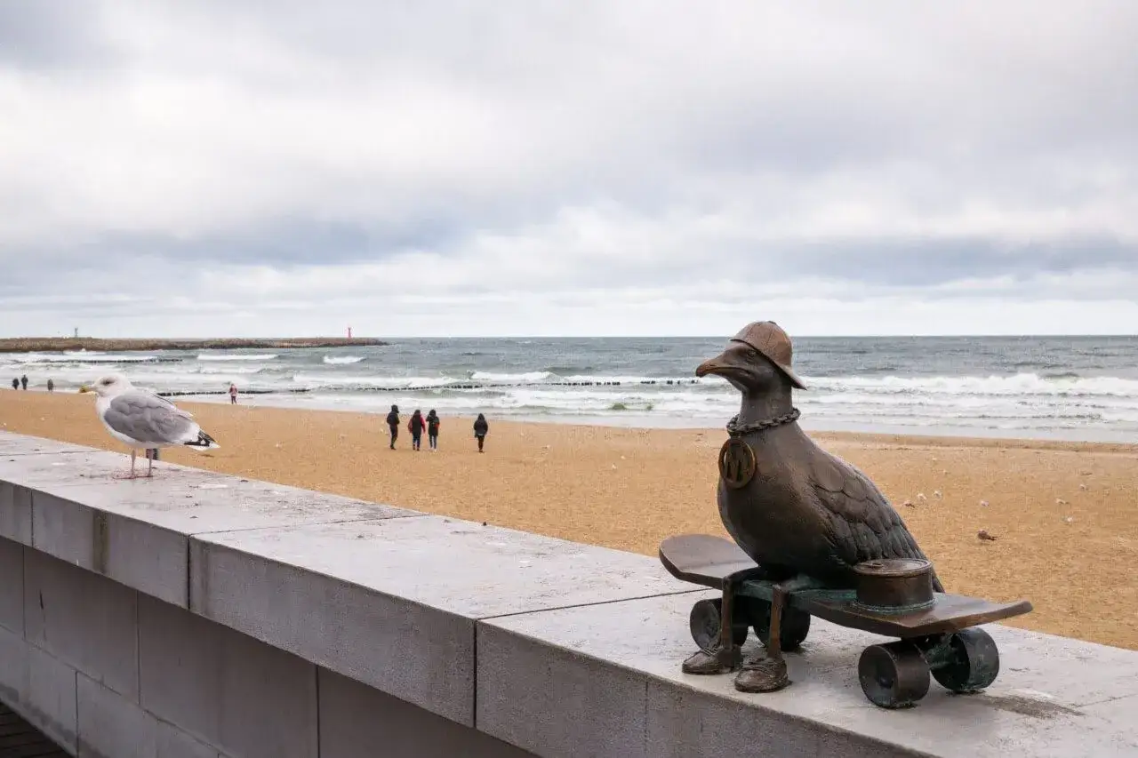 Pomnik mewy na deskorolce na plaży w Kołobrzegu. Idealne miejsce, by zacząć zwiedzanie Kołobrzegu i poczuć nadmorski klimat.