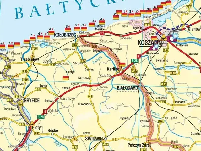 Mapa Polski z zaznaczonym Kołobrzegiem i gł&oacute;wnymi trasami
