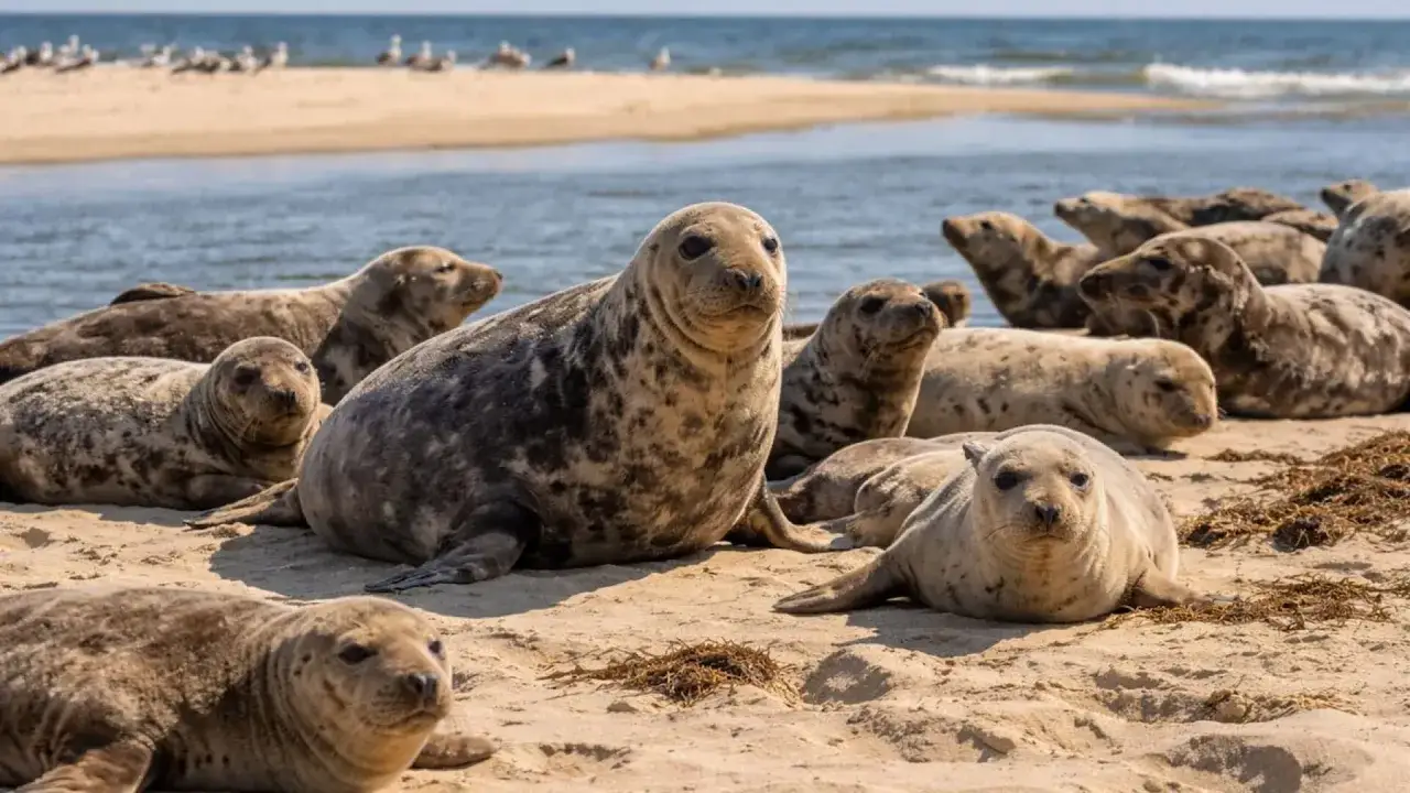 Grupa fok wylegujących się na piaszczystej plaży nad Bałtykiem. W tle widać spokojne morze i mewy.