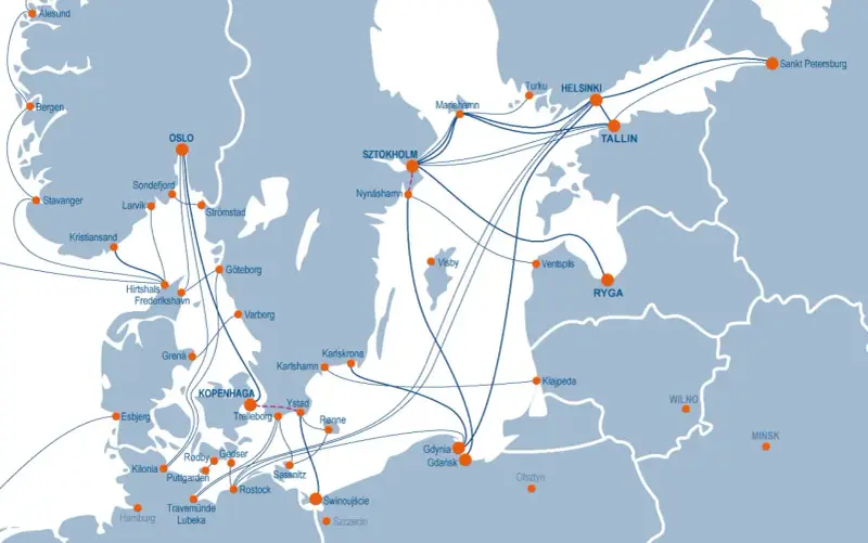 Mapa pokazuje trasy promowe z Polski do Skandynawii. Gdzie szukać połączeń promowych dla transportu ciężarowego z polski do skandynawii? Sprawdź porty jak Gdynia, Gdańsk, Świnoujście.