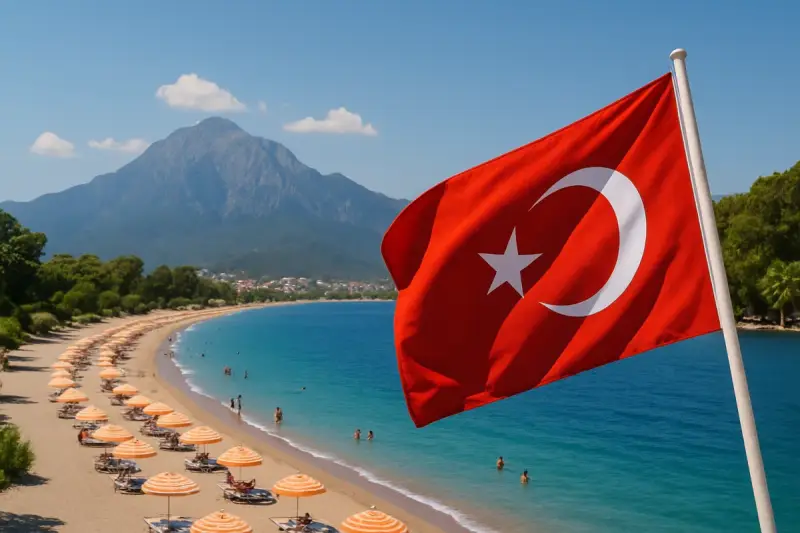 Flaga Turcji na tle plaży z leżakami i turkusowym morzem. W maju w Turcji jest ciepło, idealnie na wakacje.