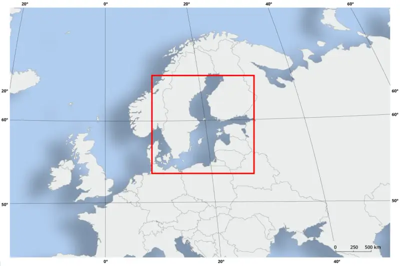 Mapa Europy Północnej z zaznaczonym Bałtykiem. Pokazuje, ile wody jest w Bałtyku, otoczonym przez kraje skandynawskie i bałtyckie.